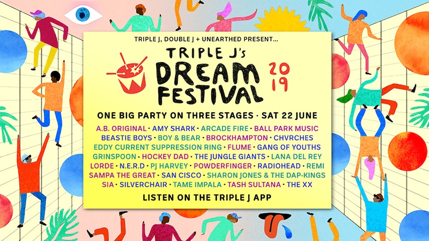 Poster artwork for triple j's Dream Festival with the full line-up of live sets