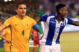 A composite image of Tim Cahill and Romell Quioto, both celebrating with arms outstretched after scoring a goal.