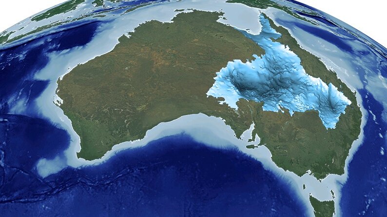 A graphic depicting Australia from outer space. The Great Artesian Basin is outlined.