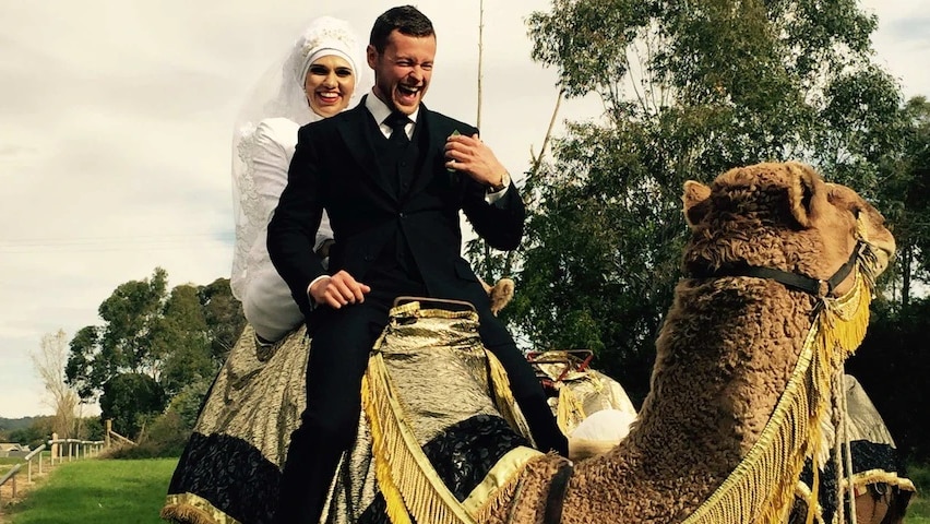 A photo of Noora Al Matori and Bogart Lamprey on their wedding day sitting on a camel in Wagga Wagga.