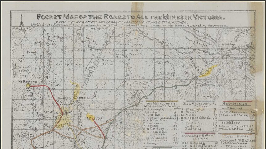 A pocket map detailing the roads to Victorian mines