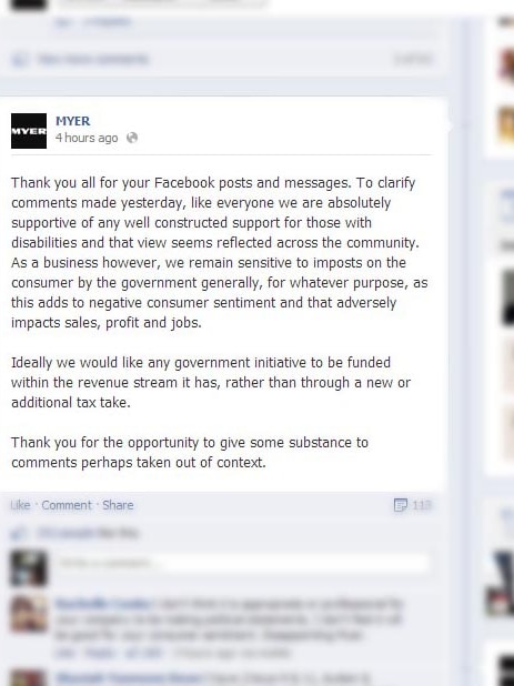 Message on the Myer Facebook page.