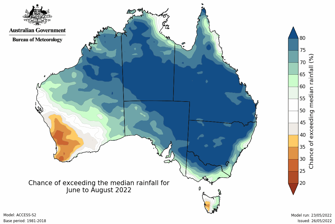 Map of Australia blue in the north and east but white and yellow in the south-west