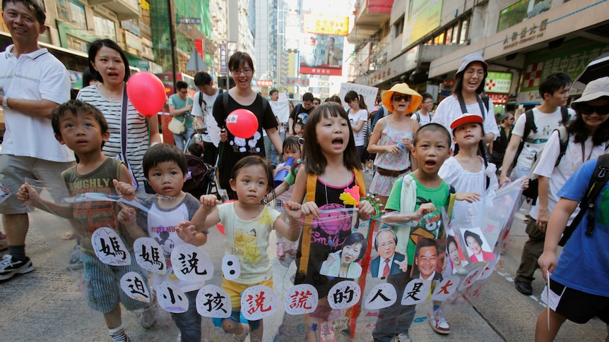 Children demonstrate against a Chinese patriotic education course in Hong Kong