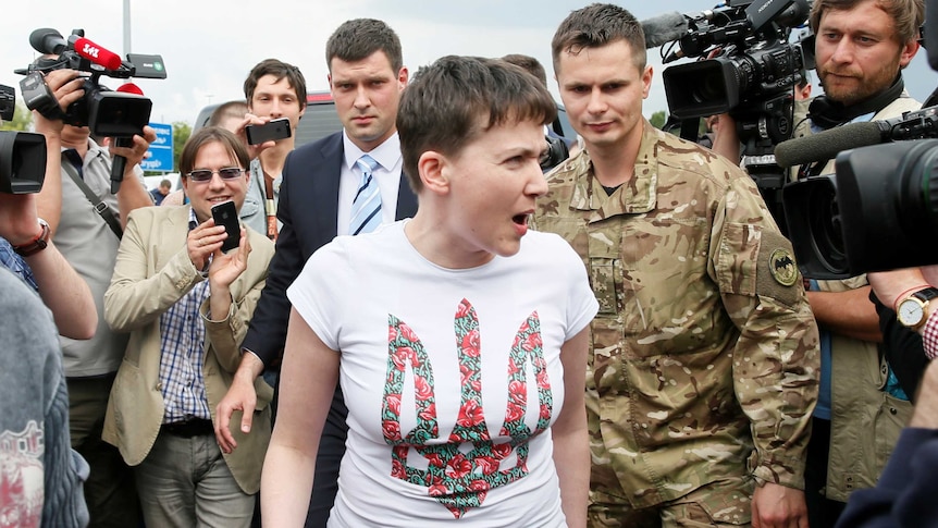 Ukrainian servicewoman Nadiya Savchenko arrives in Ukraine.