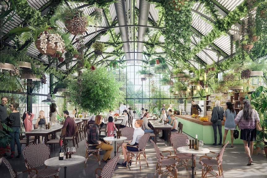 An artist's impression of a cafe filled with greenery and hanging plants.