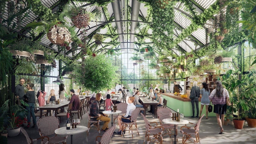 An artist's impression of a cafe filled with greenery and hanging plants.