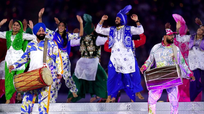 Punjabi dancers at the Birmingham Commonwealth Games closing ceremony.