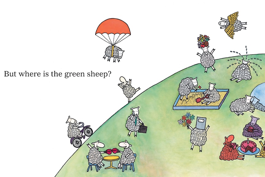 An illustration of many sheep - including a crying, ned kelly, angel sheep - with the words: But where is the green sheep?