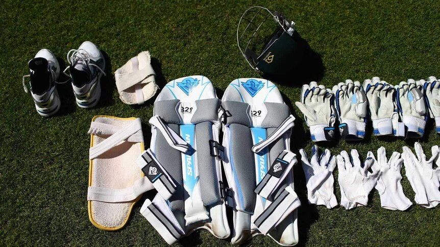 Tools of the trade... Michael Clarke's kit dries on the field prior to play on day five.