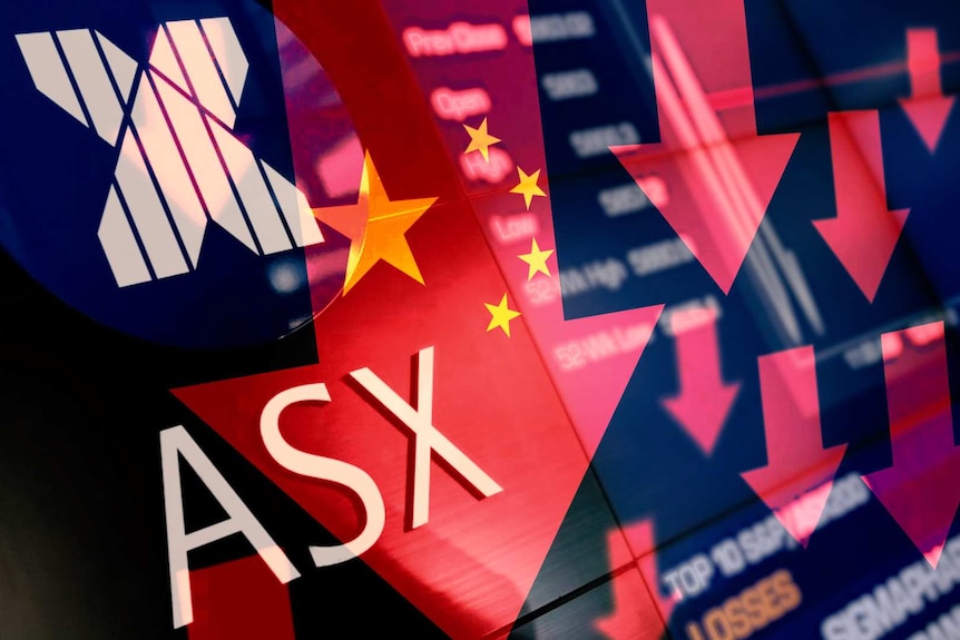 A graphic combining an ASX logo, stock exchange board, downwards arrows and the Chinese flag.