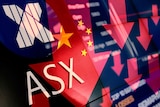 A graphic combining an ASX logo, stock exchange board, downwards arrows and the Chinese flag.