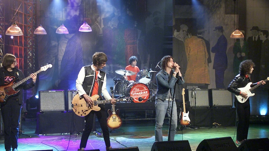 Rock band The Strokes performing on stage in 2002, on 'The Tonight Show with Jay Leno'