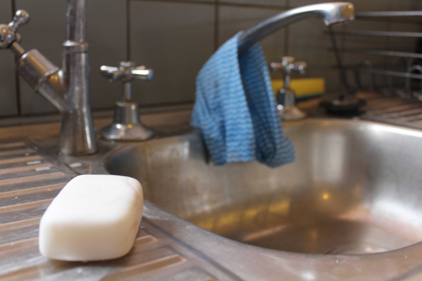 Camel soap sitting on a kitchen sink in Central Australia