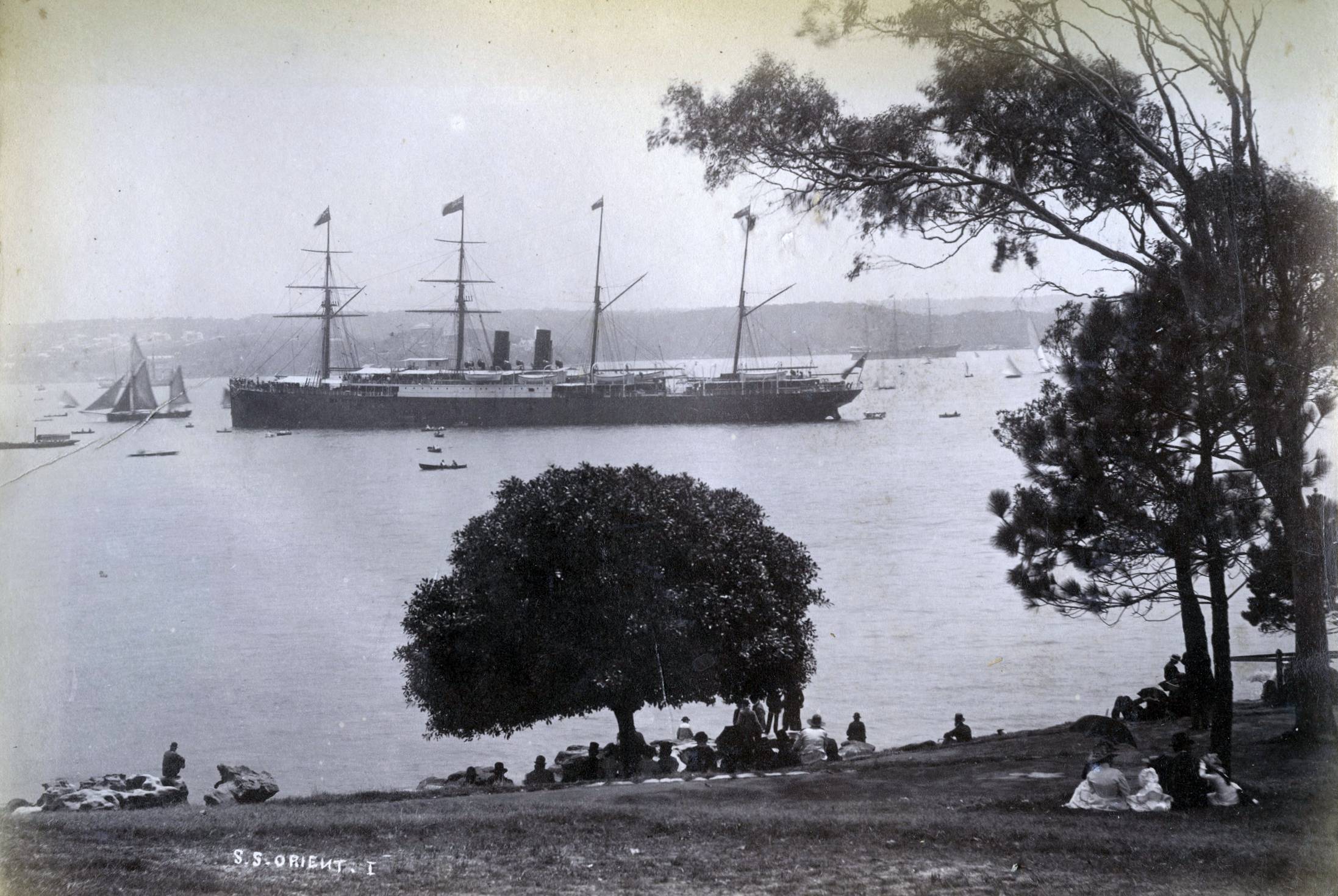 A sepia photo of an ocean liner sailing through Sydney Harbour circa 19th Century