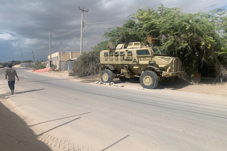 Armoured vehicle parked by the side of the road.