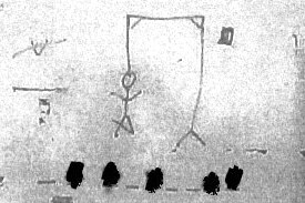 A redacted, scanned photo of a hangman drawing.
