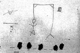 A redacted, scanned photo of a hangman drawing.