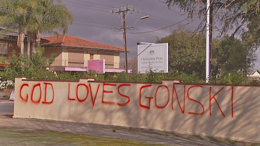 There has been a graffiti attack on the wall of Liberal MP Christopher Pyne's office in Adelaide, July 2 2013.