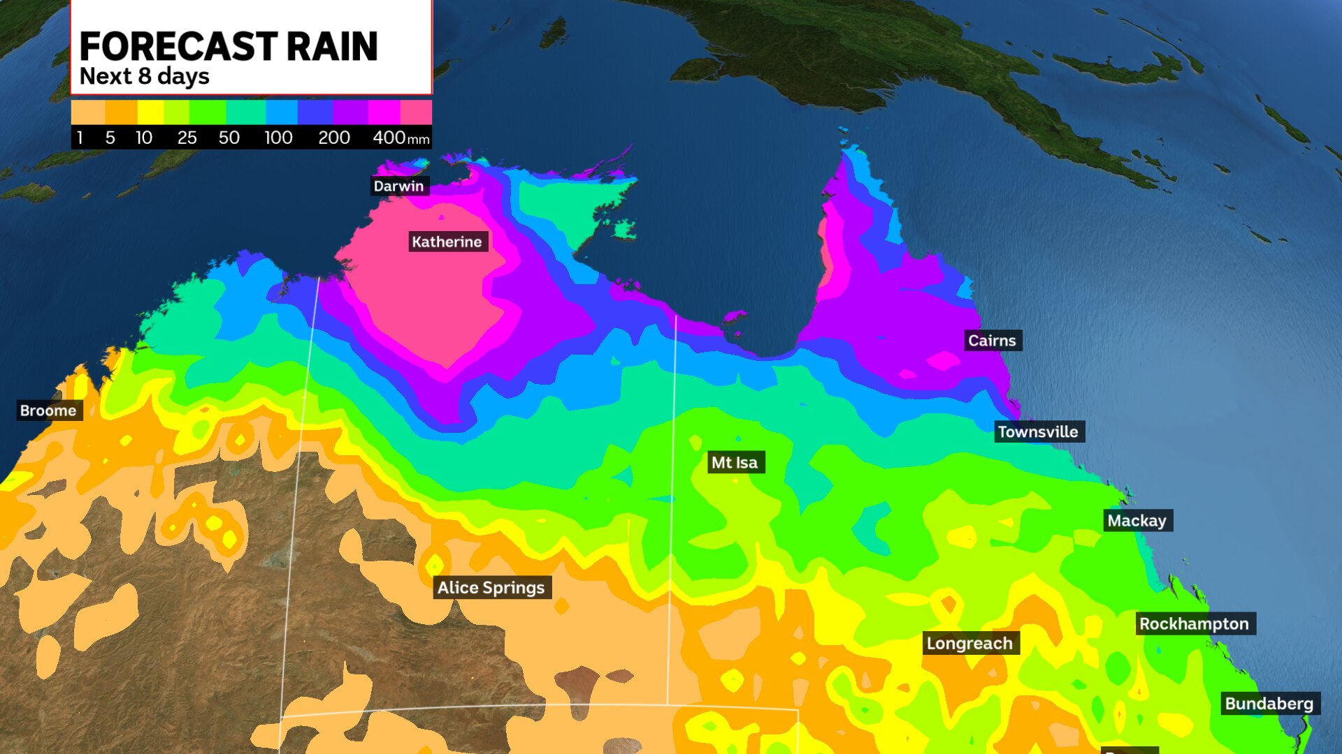 a graph of the north oif australia showing forecast rain from the north Kimberley to Cape York Peninsula