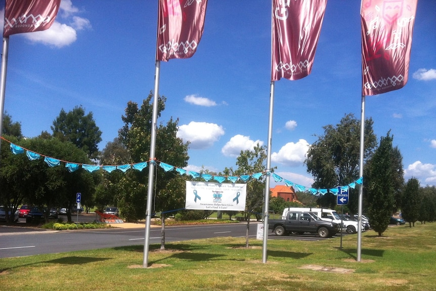 A string of teal underwear hang between flagpoles on a median strip along with a banner about ovarian cancer