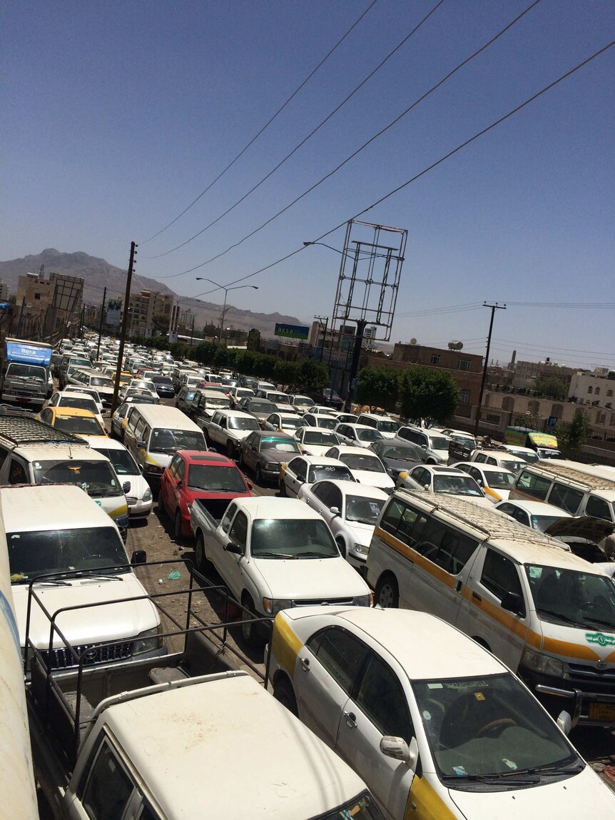 Cars queue for fuel in Sanaa, Yemen