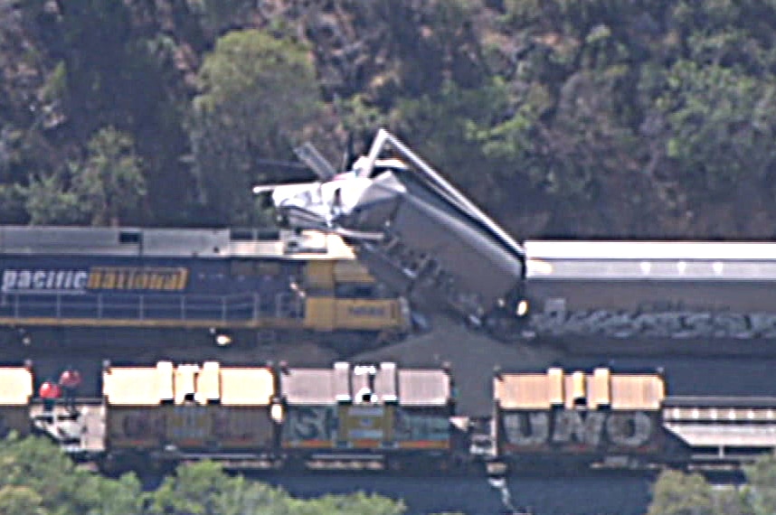 An aerial photo of a mangled train.