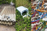 A split image showing sheets of fencing lying, a washing machine lying and a variety of wire casings in bushland.