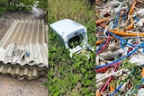 A split image showing sheets of fencing lying, a washing machine lying and a variety of wire casings in bushland.