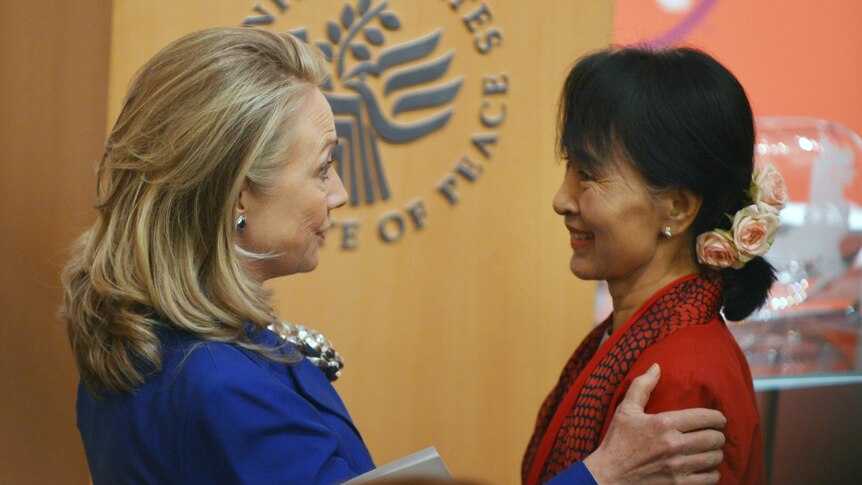 US Secretary of State Hillary Clinton speaks to Burma's Member of Parliament and democracy icon Aung San Suu Kyi,