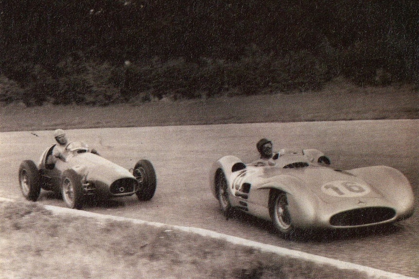 Ascari just behind Fangio in the 1954 Italian Grand Prix.