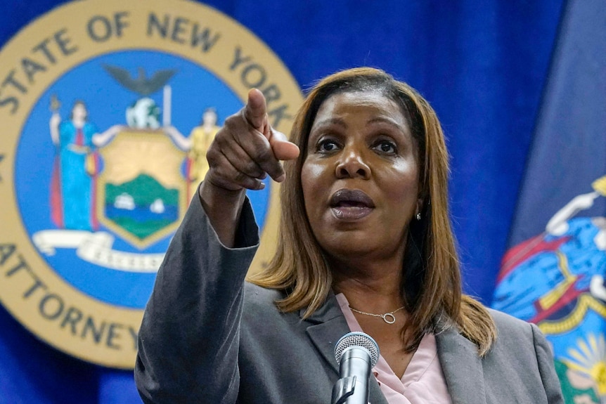 New York Attorney General Letitia James points during a press conference.
