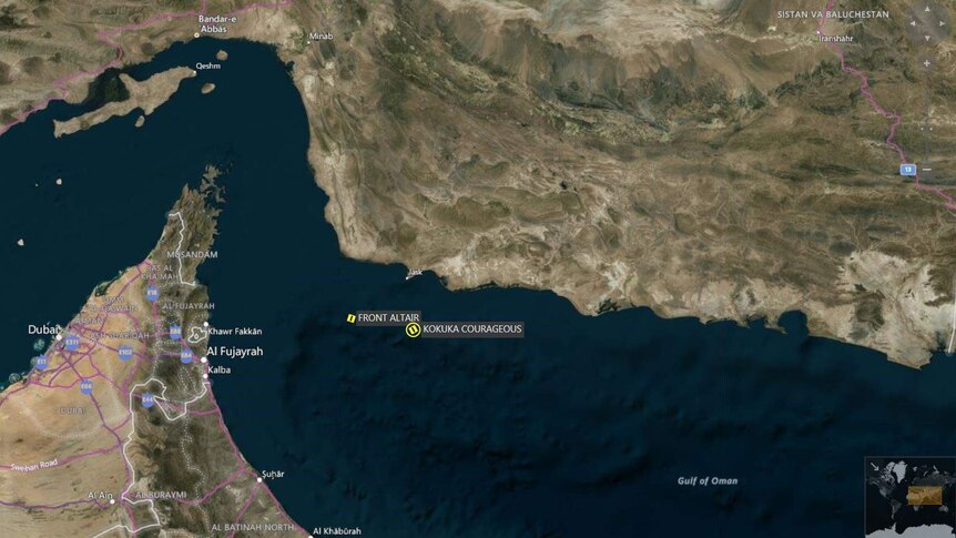 Satellite image of the location of the attacks on two oil tankers in the Gulf of Oman