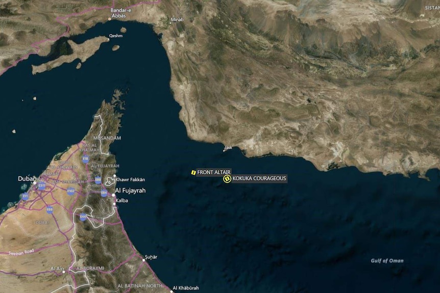 Satellite image of the location of the attacks on two oil tankers in the Gulf of Oman