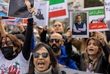 A group of protesters in Iran hold signs and appear to yell.