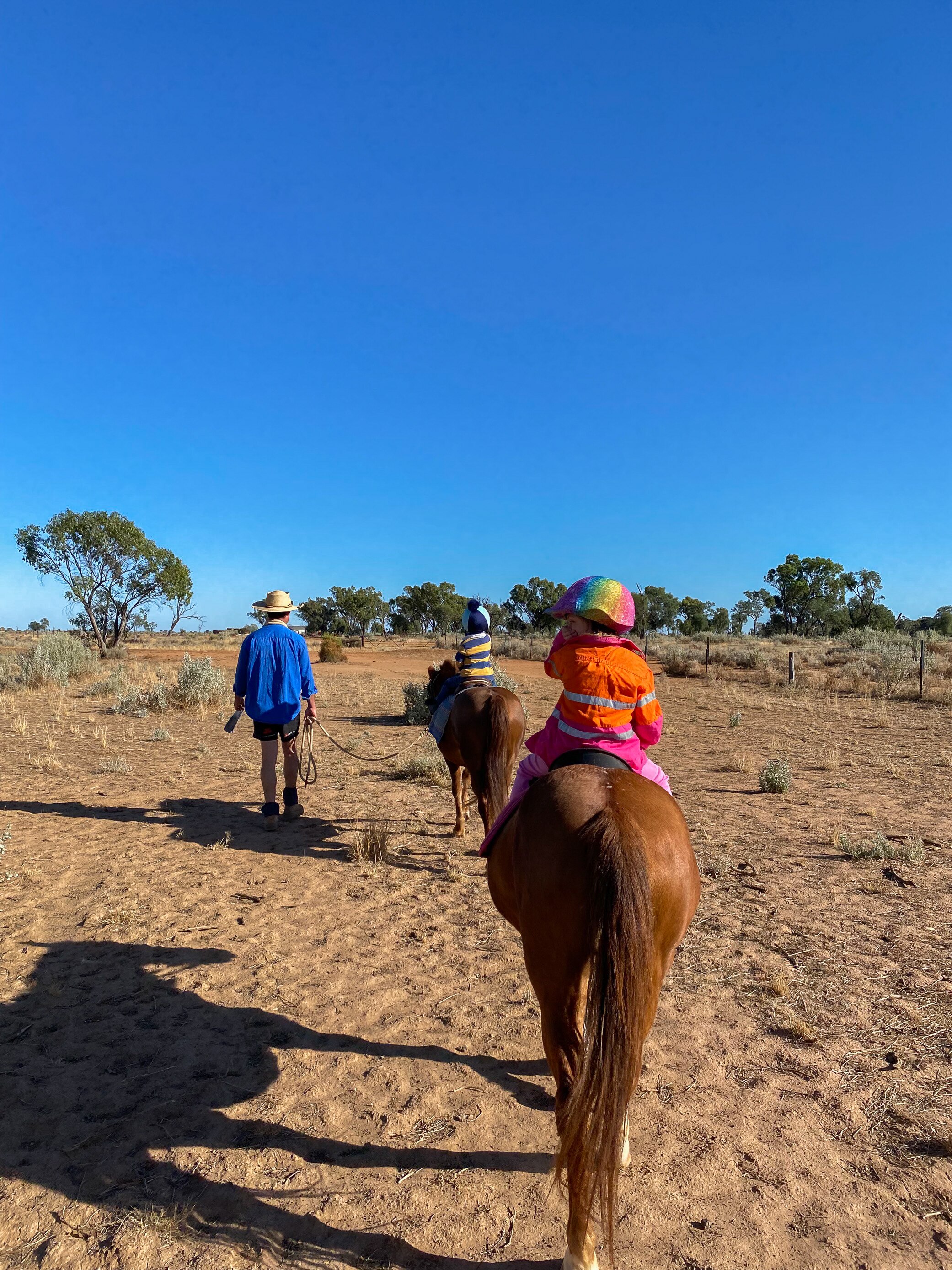 two children ride horses being led by a man