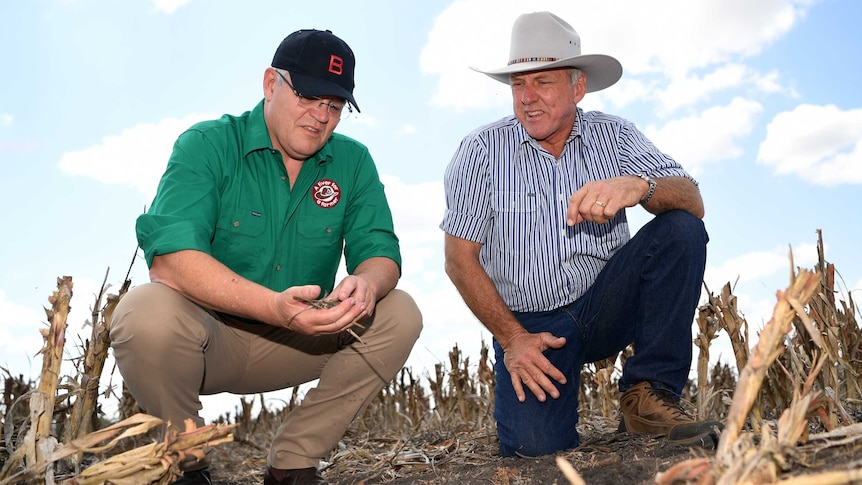 Two men crouch in a dry field