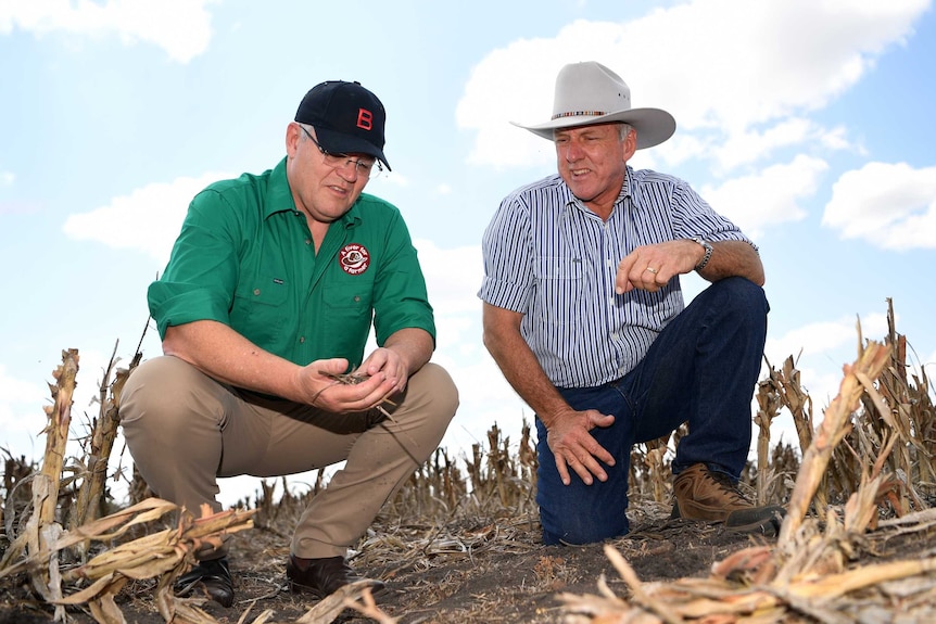 Two men crouch in a dry field