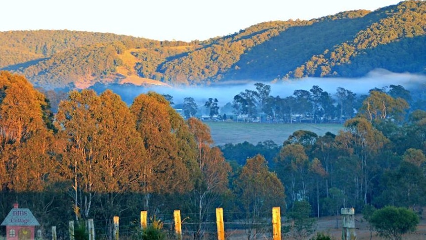 Mist hovers over the valley during the sunrise.