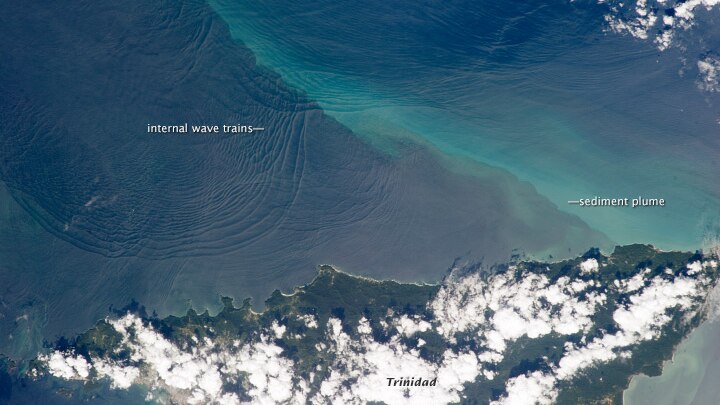 A satellite image of ripples on the ocean's surface near Trinidad 