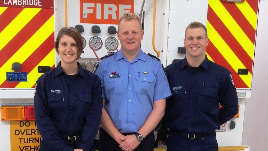 Lynette Gay, Scott Vinen, Cameron Stewart at the Cambridge fire station, 4 August 2014.