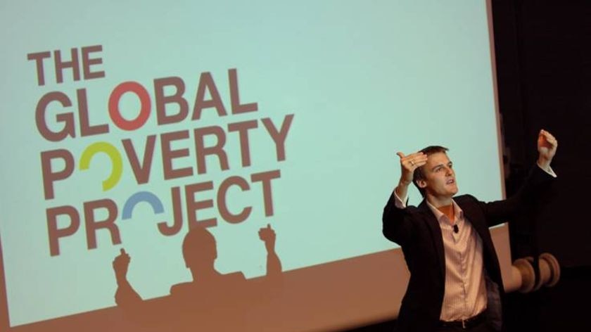 Hugh Evans giving a presentation for the Global Poverty Project.