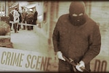 Stylised sepia picture of a man in black clothing and a balaclava holding fire arm, crime scene tape and police in background