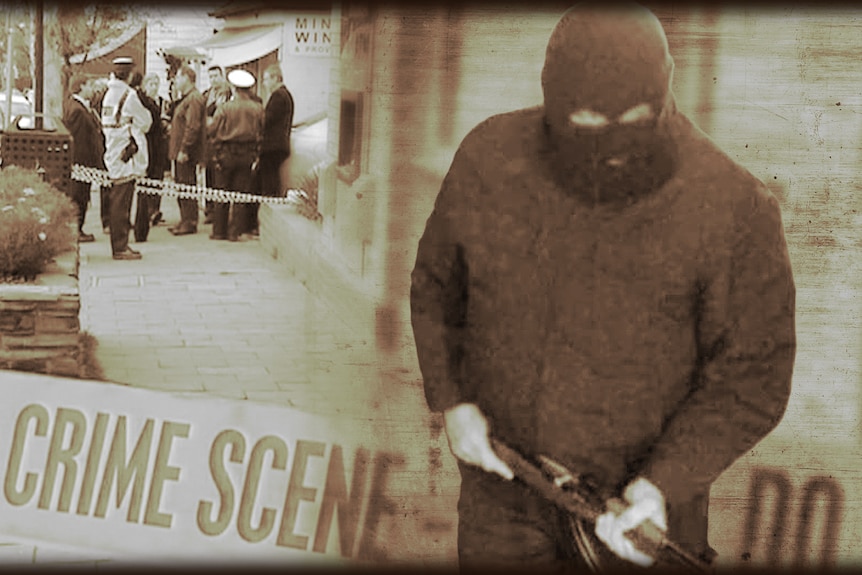 Stylised sepia picture of a man in black clothing and a balaclava holding fire arm, crime scene tape and police in background