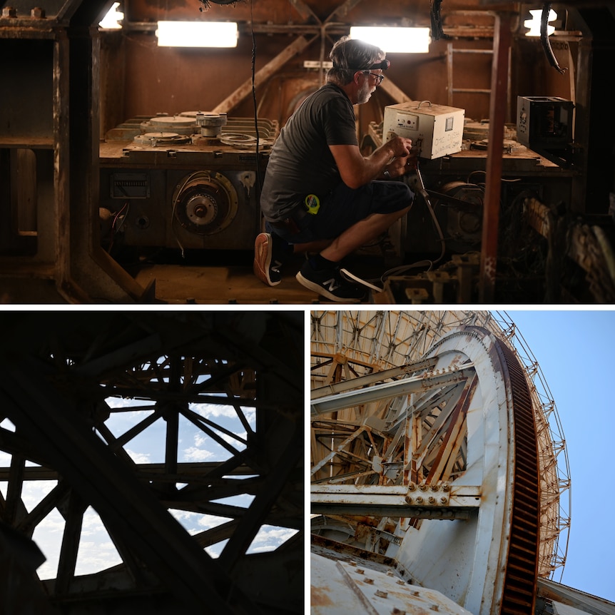 Three images, a man working in a confined room full of gears, a silouhette of rafters, a large outside cog