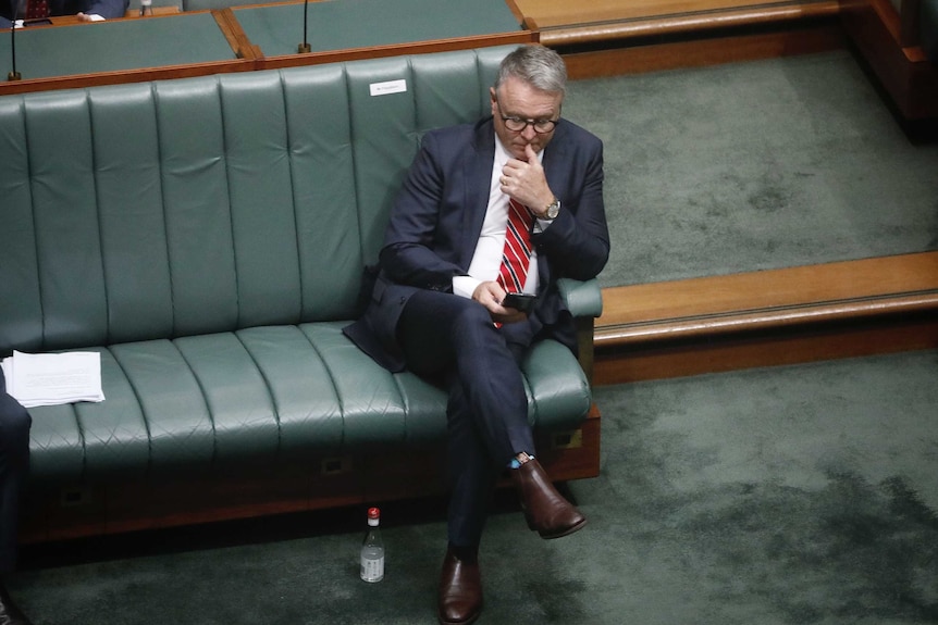 Joel Fitzgibbon looks at his phone while sitting alone on the Labor frontbench