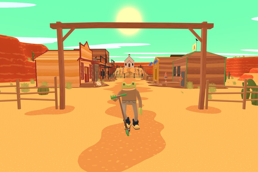 An animation of a frog with human-like arms and legs standing on a scooter, he's at the entrance of a wild west town