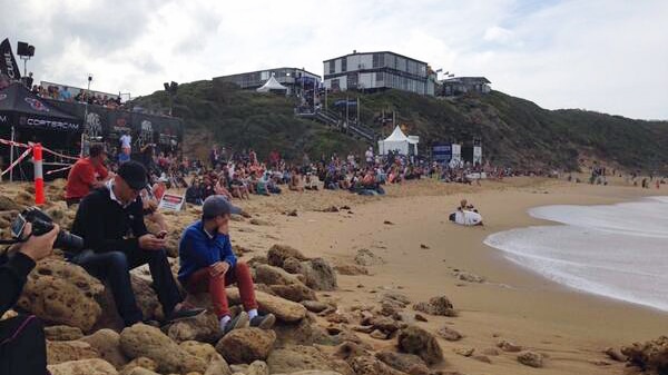 A crowd gathers for the first day of competition at Bells Beach