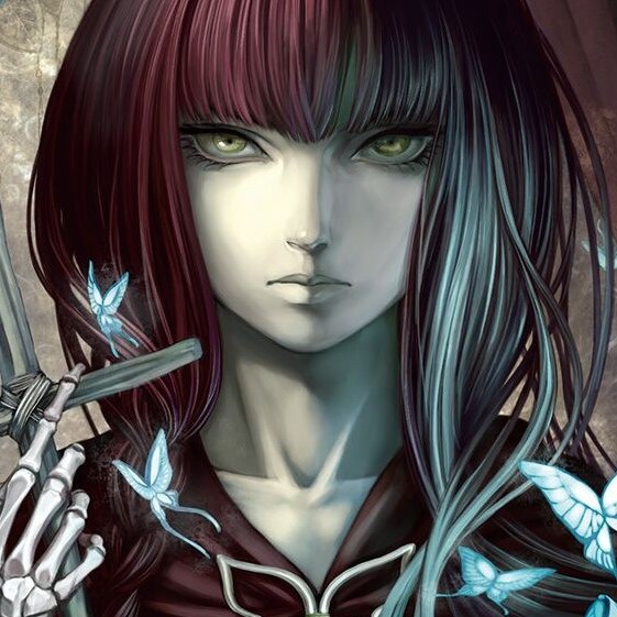 Cartoon image of a girl with maroon hair holding a cross with a skeletal hand, surrounded by blue butterflies