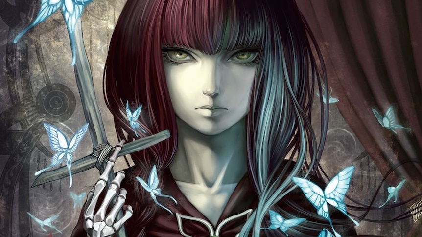 Cartoon image of a girl with maroon hair holding a cross with a skeletal hand, surrounded by blue butterflies